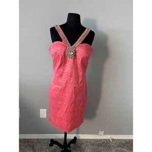 Daisy Dress Womens Size Large Pink Rhinestone V‎ Neck Zig Zag Sleeveless NWT